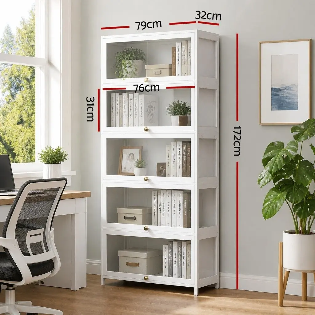 5-Tier Display Cabinet Living Room White Acrylic Panel Bamboo Frame