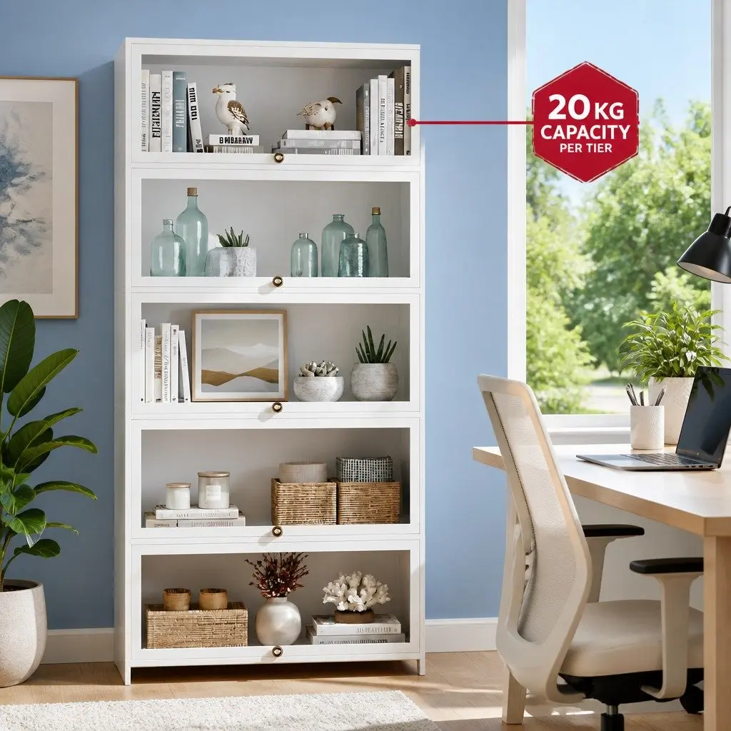 5-Tier Display Cabinet Living Room White Acrylic Panel Bamboo Frame
