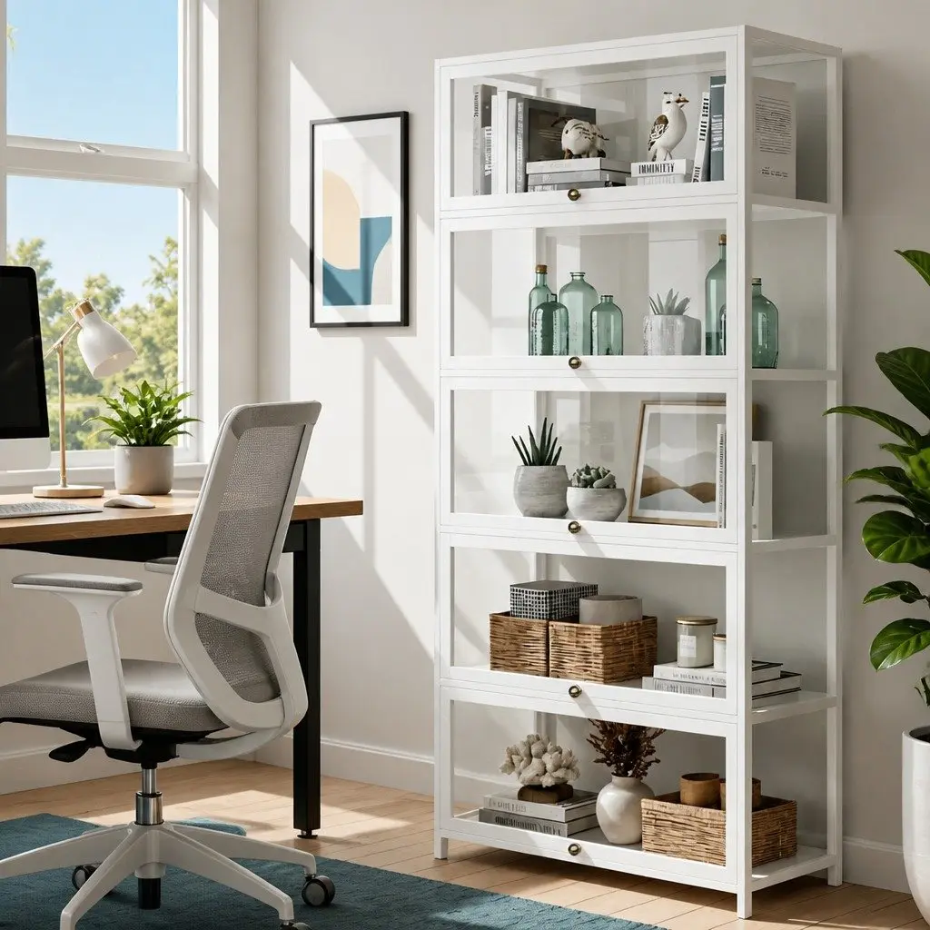 5-Tier Display Cabinet Living Room White Acrylic Panel Bamboo Frame