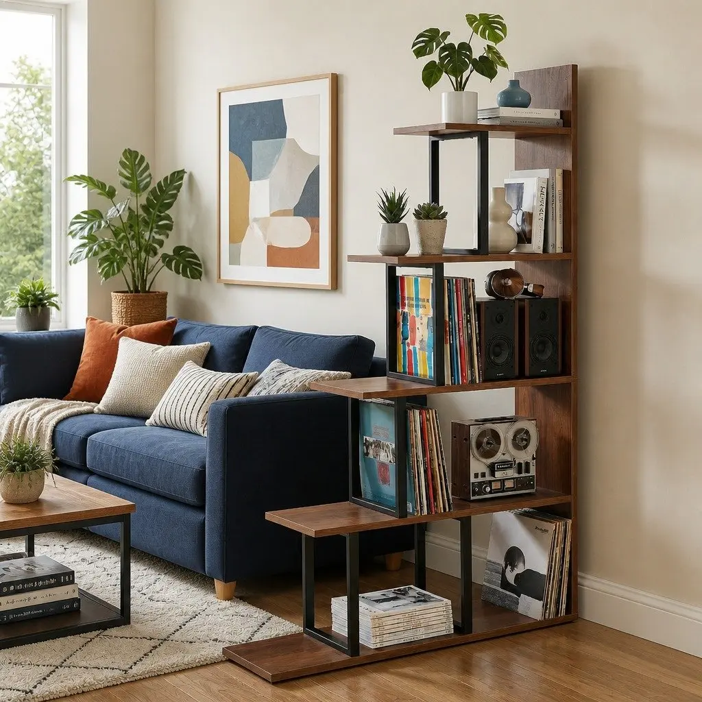 L Shaped 5 Tier Bookshelf Walnut Vertical Storage Display Unit for Living Room or Bedroom
