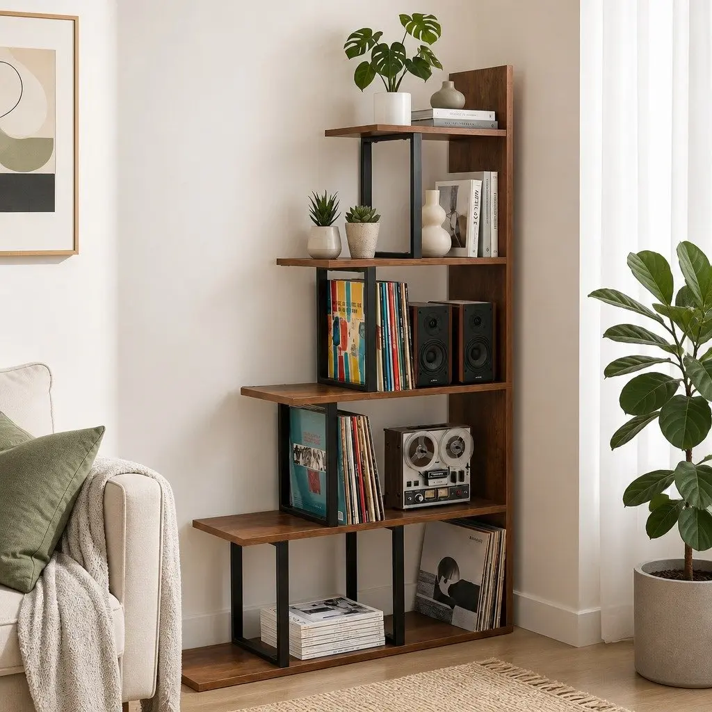 L Shaped 5 Tier Bookshelf Walnut Vertical Storage Display Unit for Living Room or Bedroom