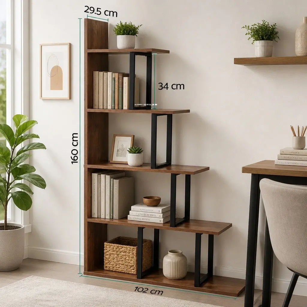 L Shaped 5 Tier Bookshelf Walnut Vertical Storage Display Unit for Living Room or Bedroom