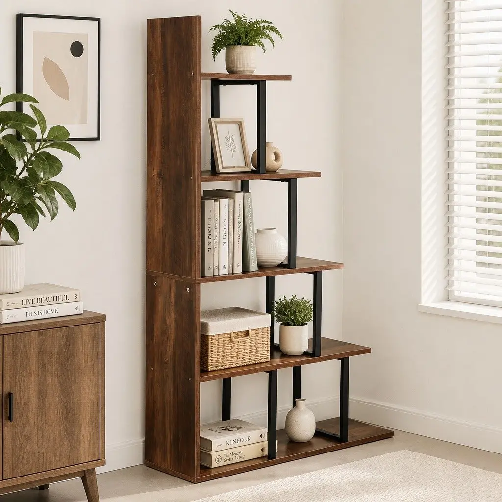 L Shaped 5 Tier Bookshelf Walnut Vertical Storage Display Unit for Living Room or Bedroom