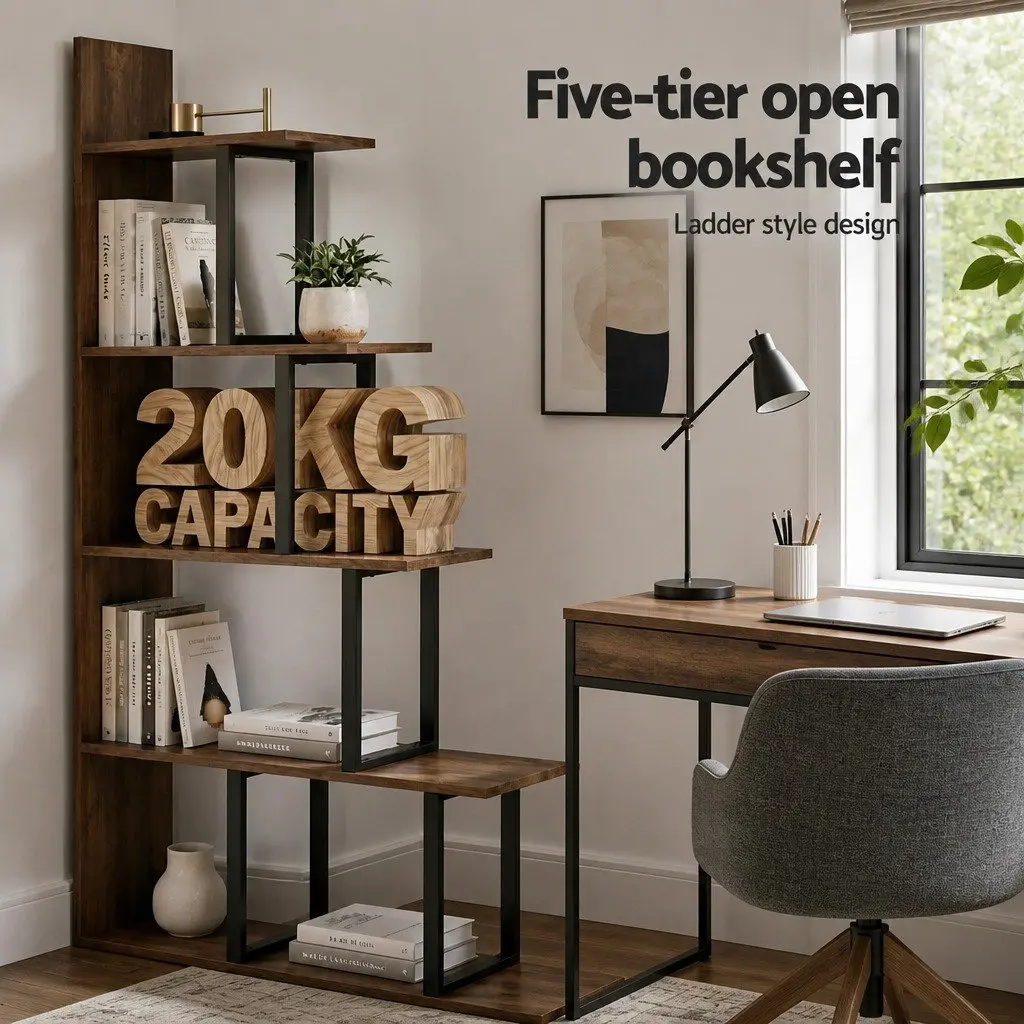 L Shaped 5 Tier Bookshelf Walnut Vertical Storage Display Unit for Living Room or Bedroom