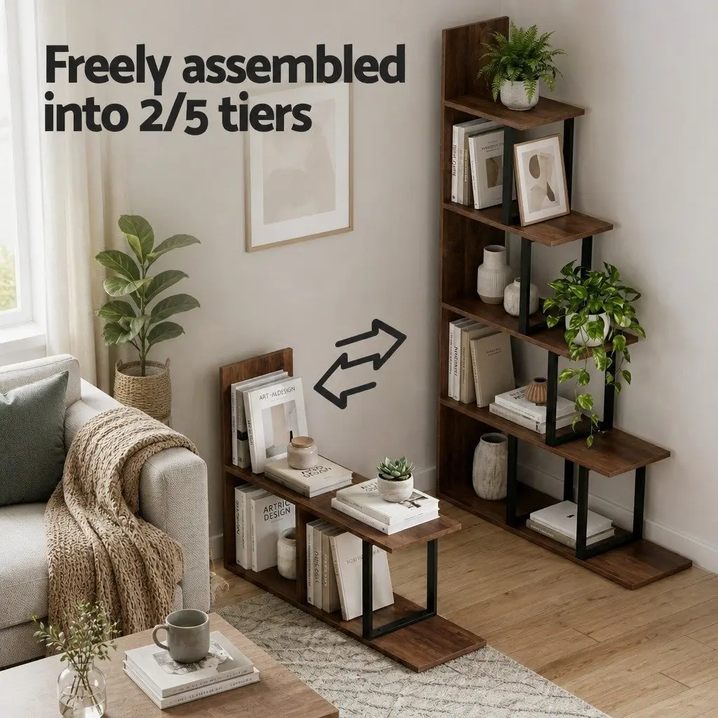 L Shaped 5 Tier Bookshelf Walnut Vertical Storage Display Unit for Living Room or Bedroom