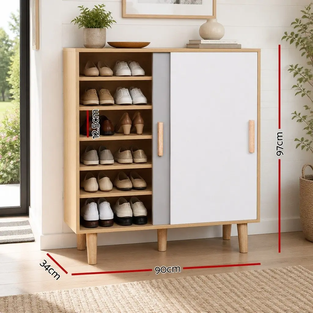 Shoe Cabinet Entryway 90cm White Oak 2 Sliding Doors Storage