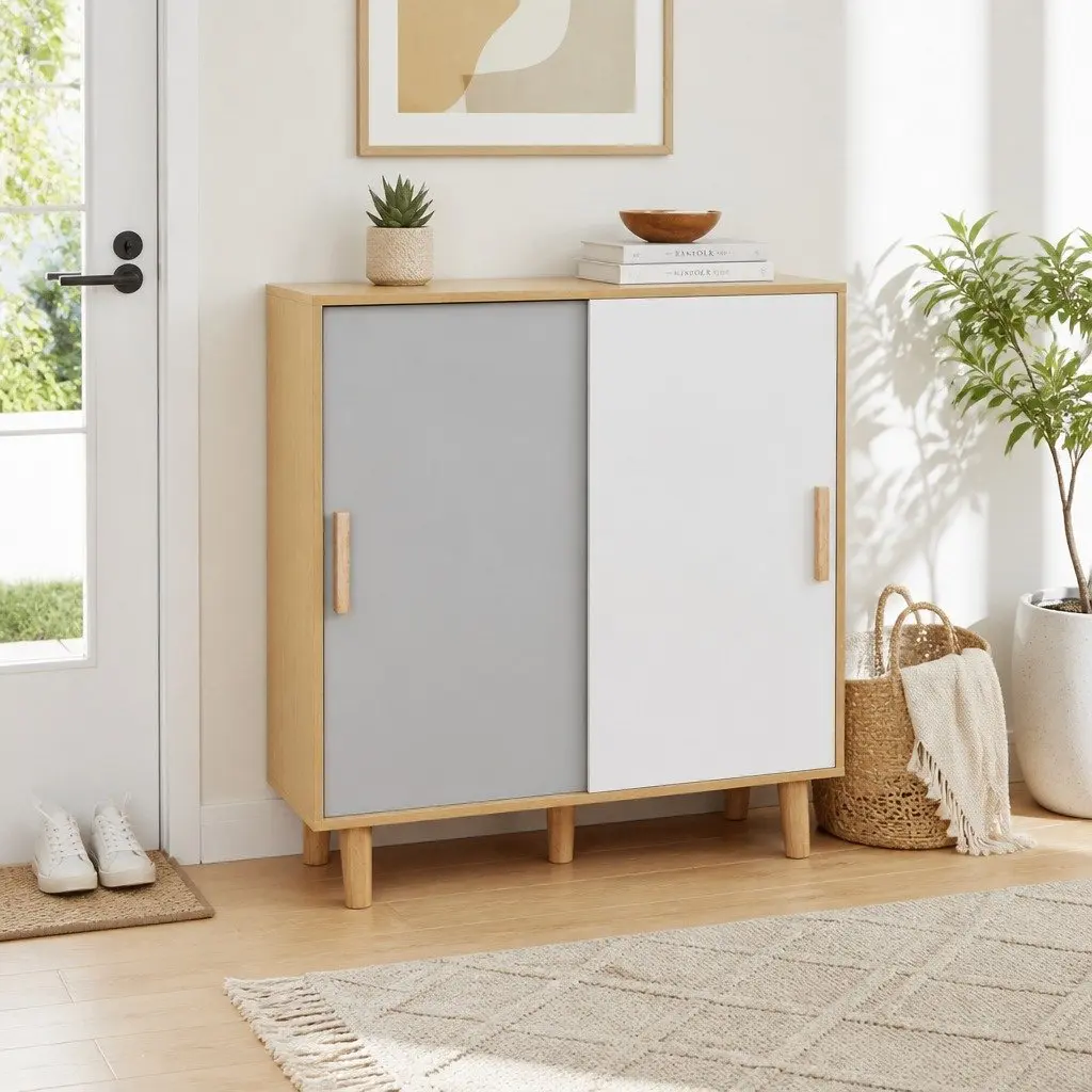 Shoe Cabinet Entryway 90cm White Oak 2 Sliding Doors Storage