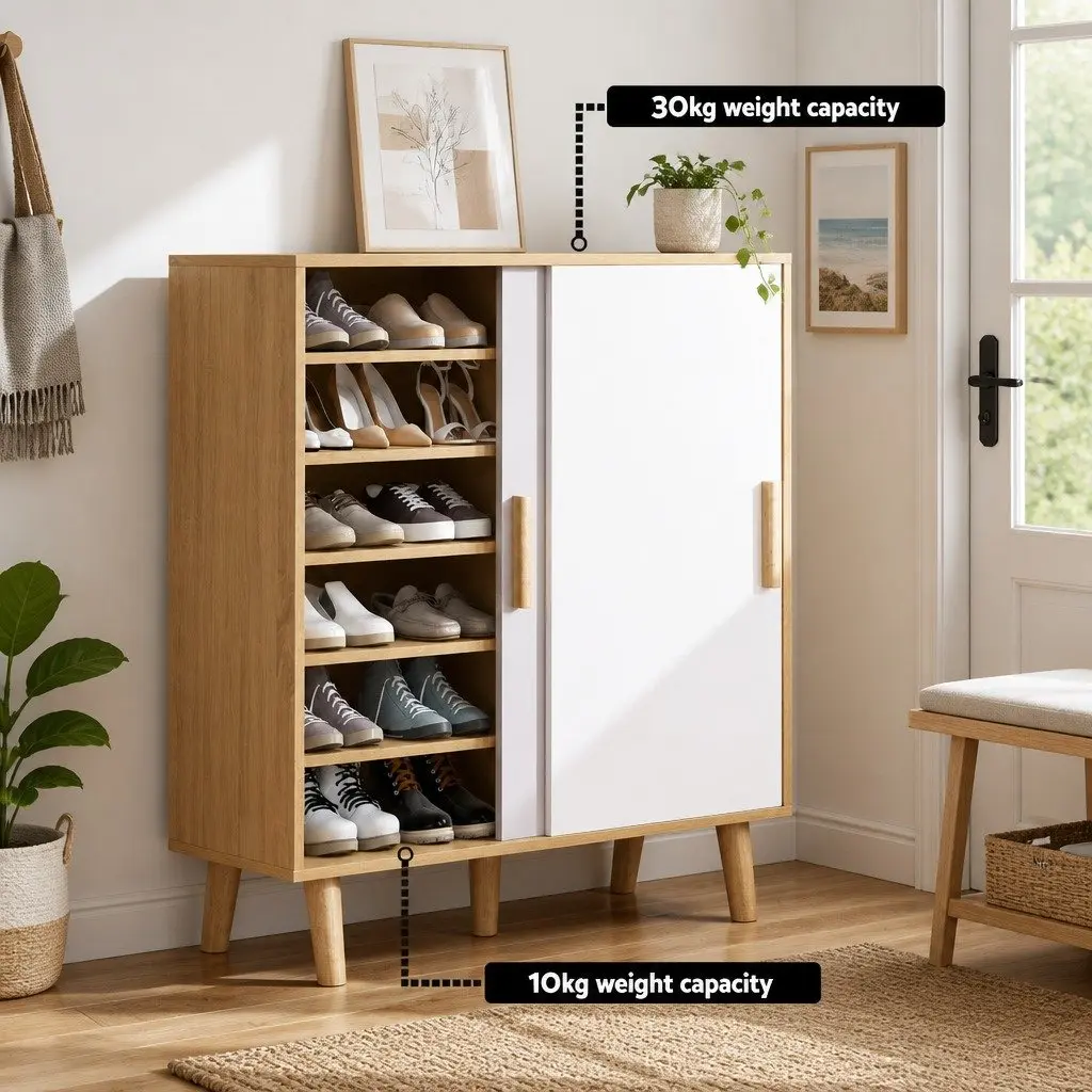 Shoe Cabinet Entryway 90cm White Oak 2 Sliding Doors Storage