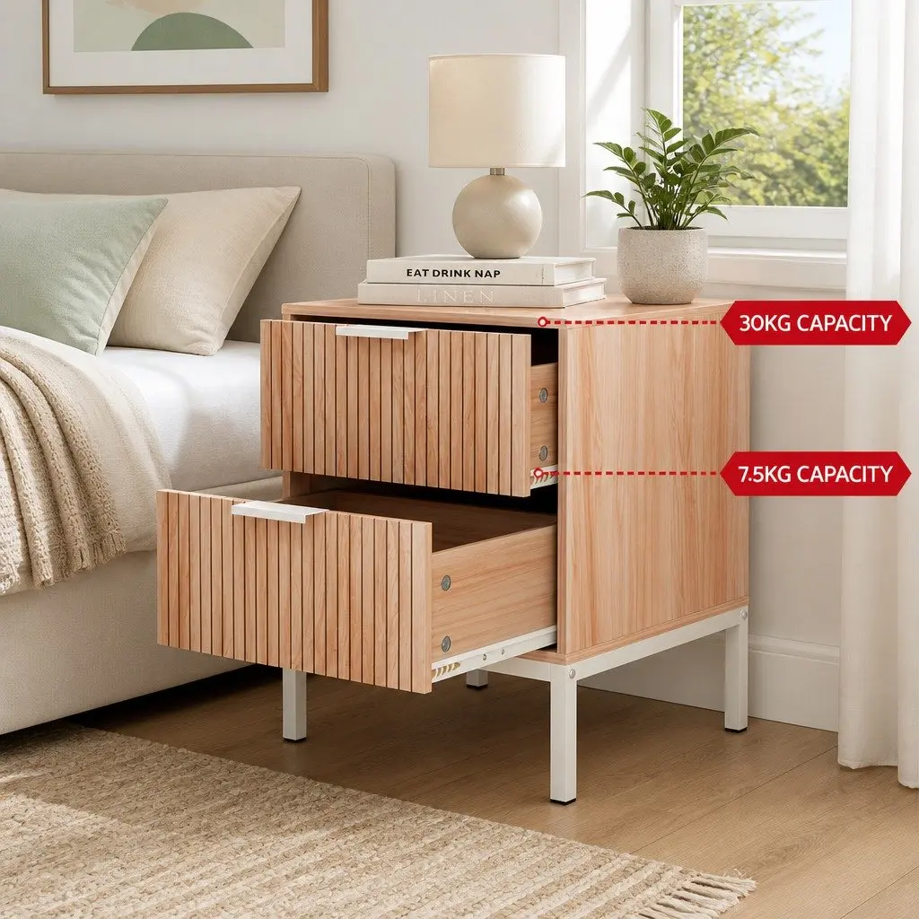 Bedside Table 2 Drawers Nightstand Storage Cabinet Side End Table Natural Pine