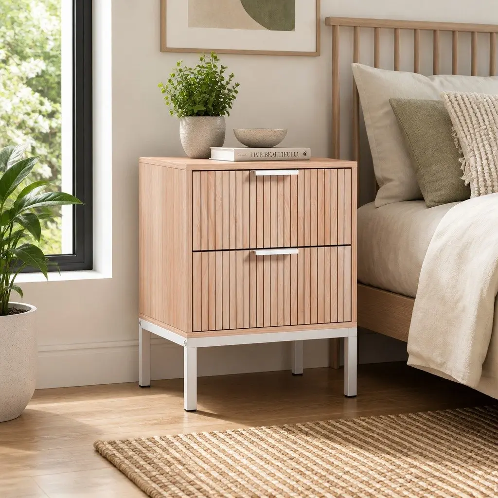 Bedside Table 2 Drawers Nightstand Storage Cabinet Side End Table Natural Pine