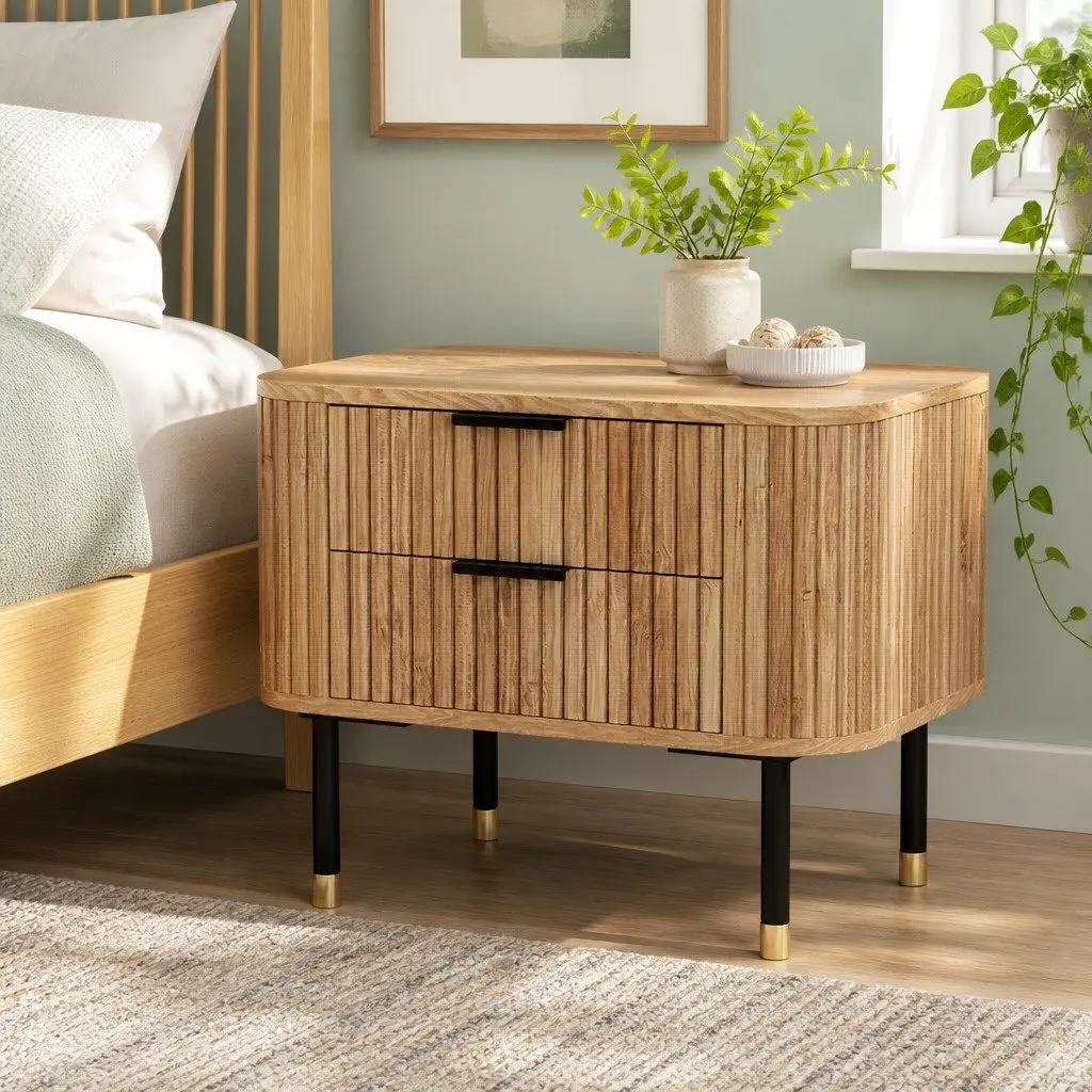Bedside Table 2 Drawers Storage Wood Pine Bedroom Nightstand Metal Legs