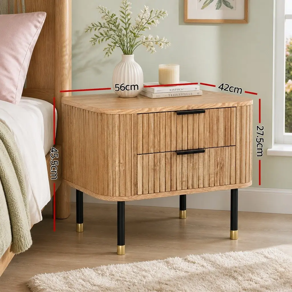 Bedside Table 2 Drawers Storage Wood Pine Bedroom Nightstand Metal Legs