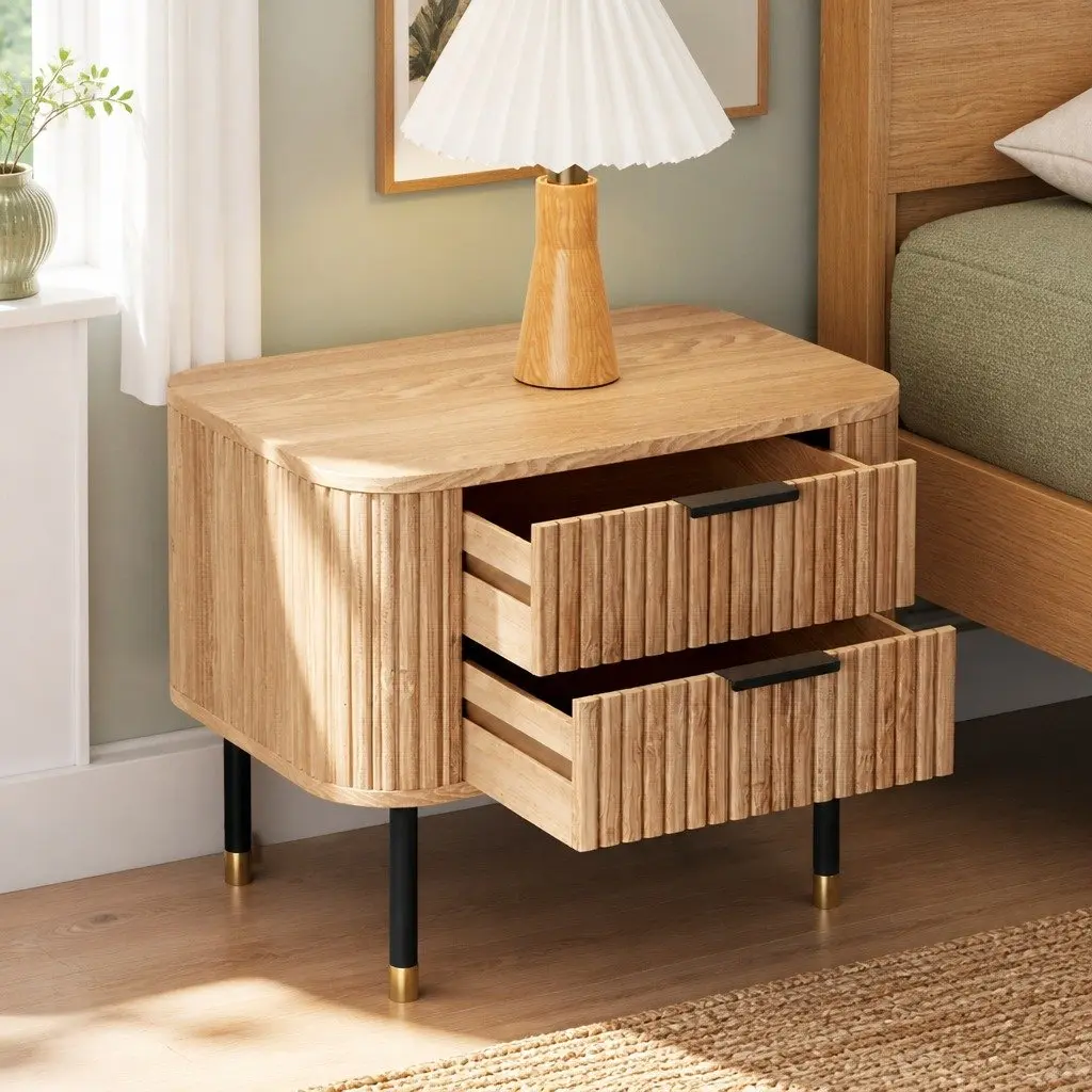 Bedside Table 2 Drawers Storage Wood Pine Bedroom Nightstand Metal Legs