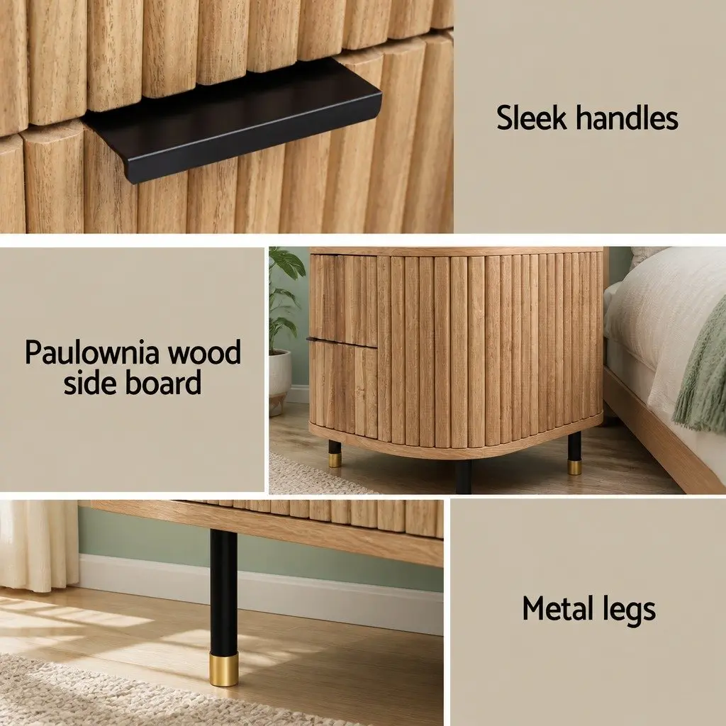 Bedside Table 2 Drawers Storage Wood Pine Bedroom Nightstand Metal Legs