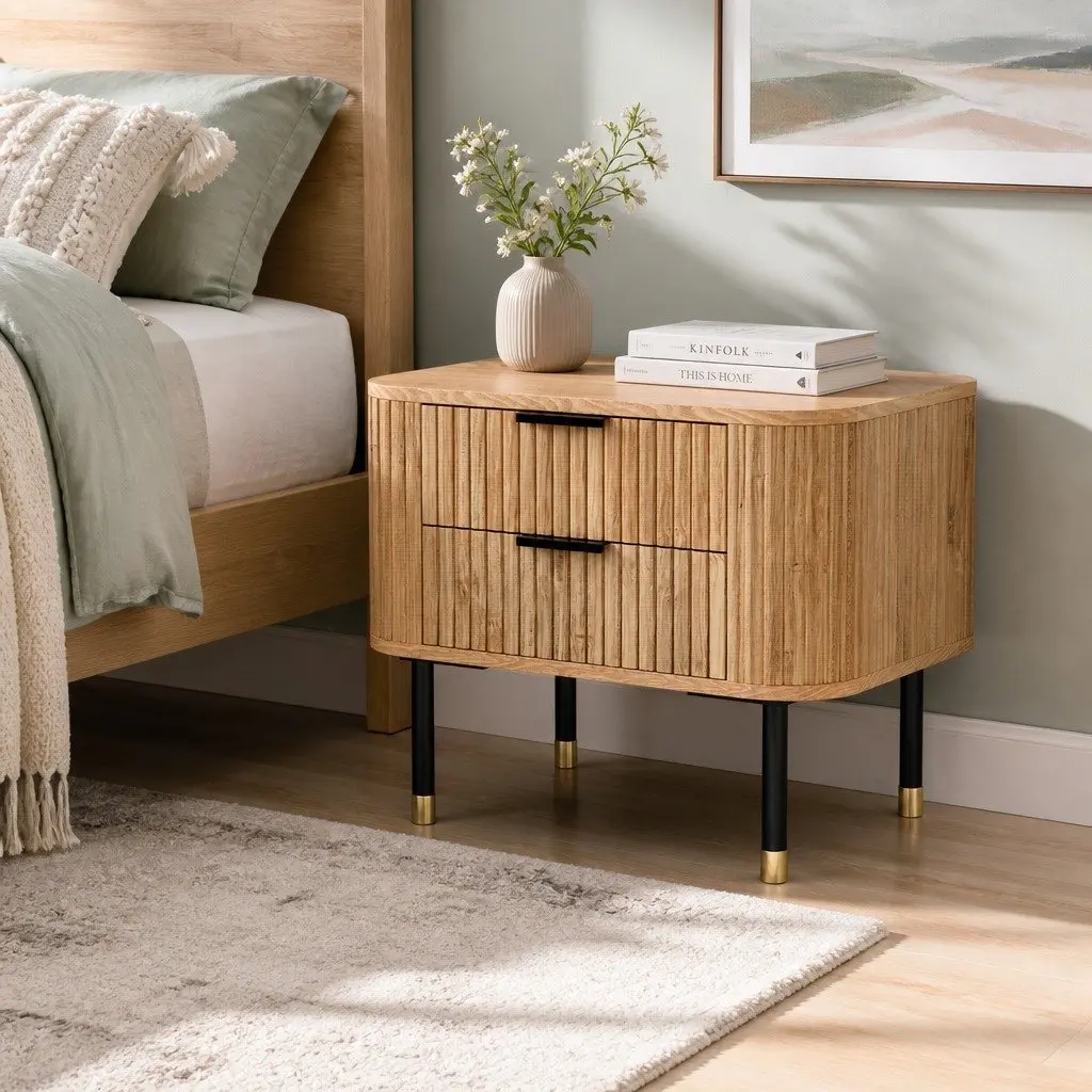 Bedside Table 2 Drawers Storage Wood Pine Bedroom Nightstand Metal Legs