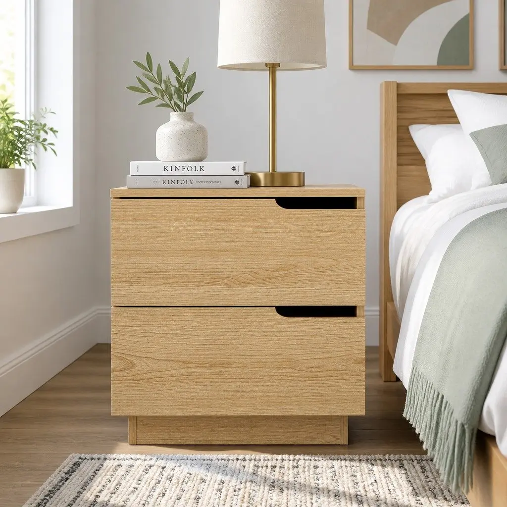 Bedside Table 2 Drawers Nightstand Pine Wood Effect Storage Cabinet Bedroom