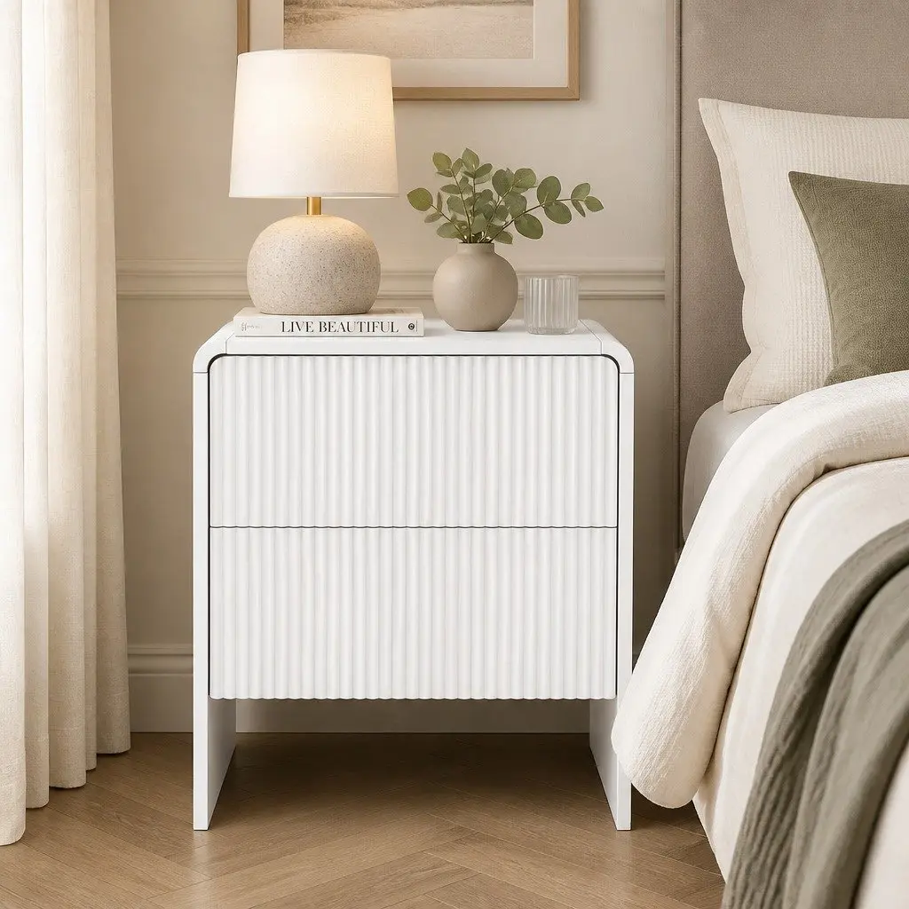 Bedside Table 2 Drawers Beige MDF Storage Cabinet Bedroom Living Room Furniture