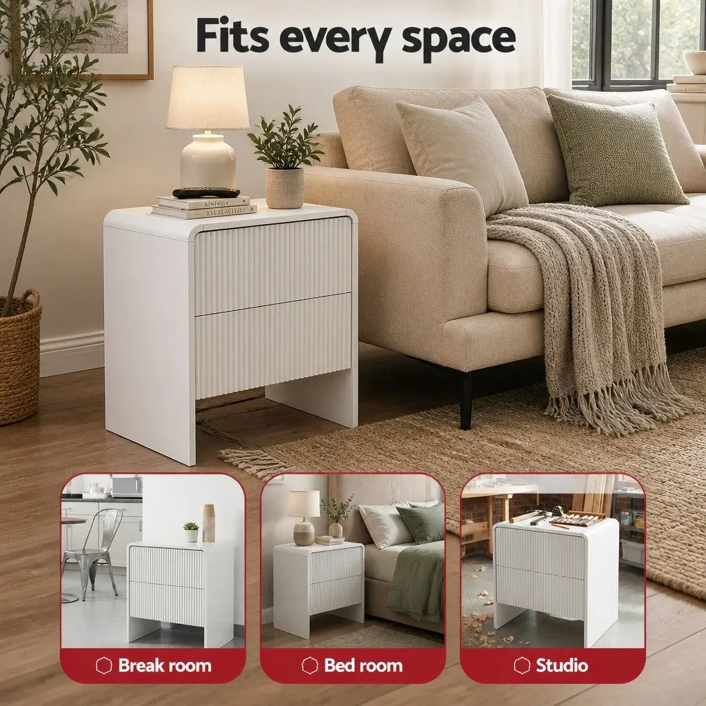 Bedside Table 2 Drawers Beige MDF Storage Cabinet Bedroom Living Room Furniture