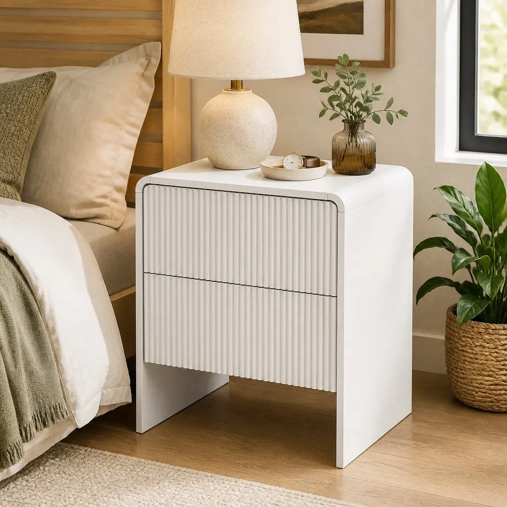 Bedside Table 2 Drawers Beige MDF Storage Cabinet Bedroom Living Room Furniture