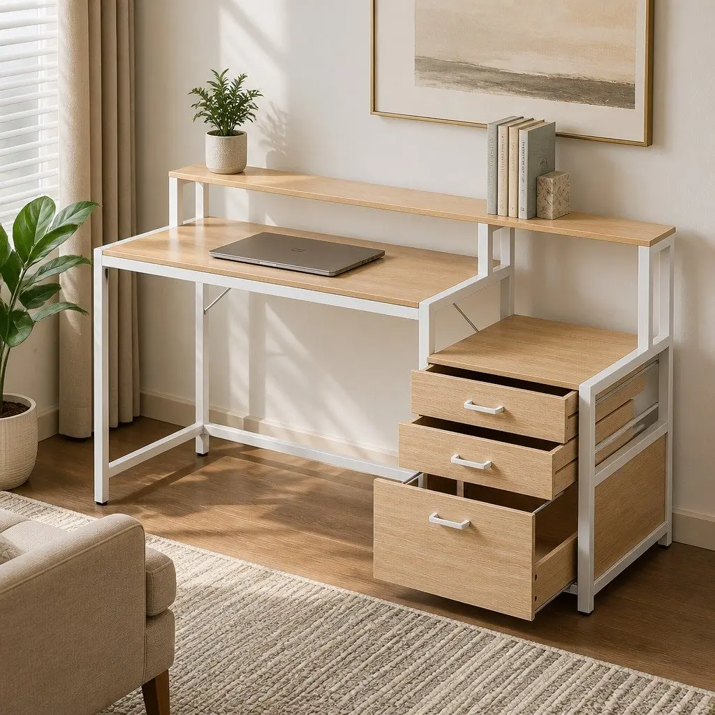 160cm Oak Computer Desk with Ergonomic Monitor Riser