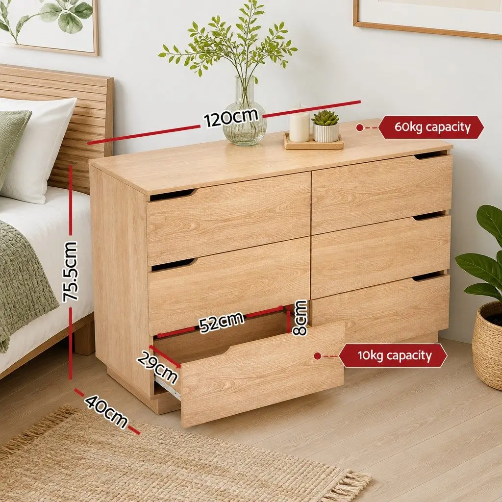 6 Drawer Chest of Drawers Dresser Storage Cabinet Bedroom Furniture Pine 120x40x75.5 cm