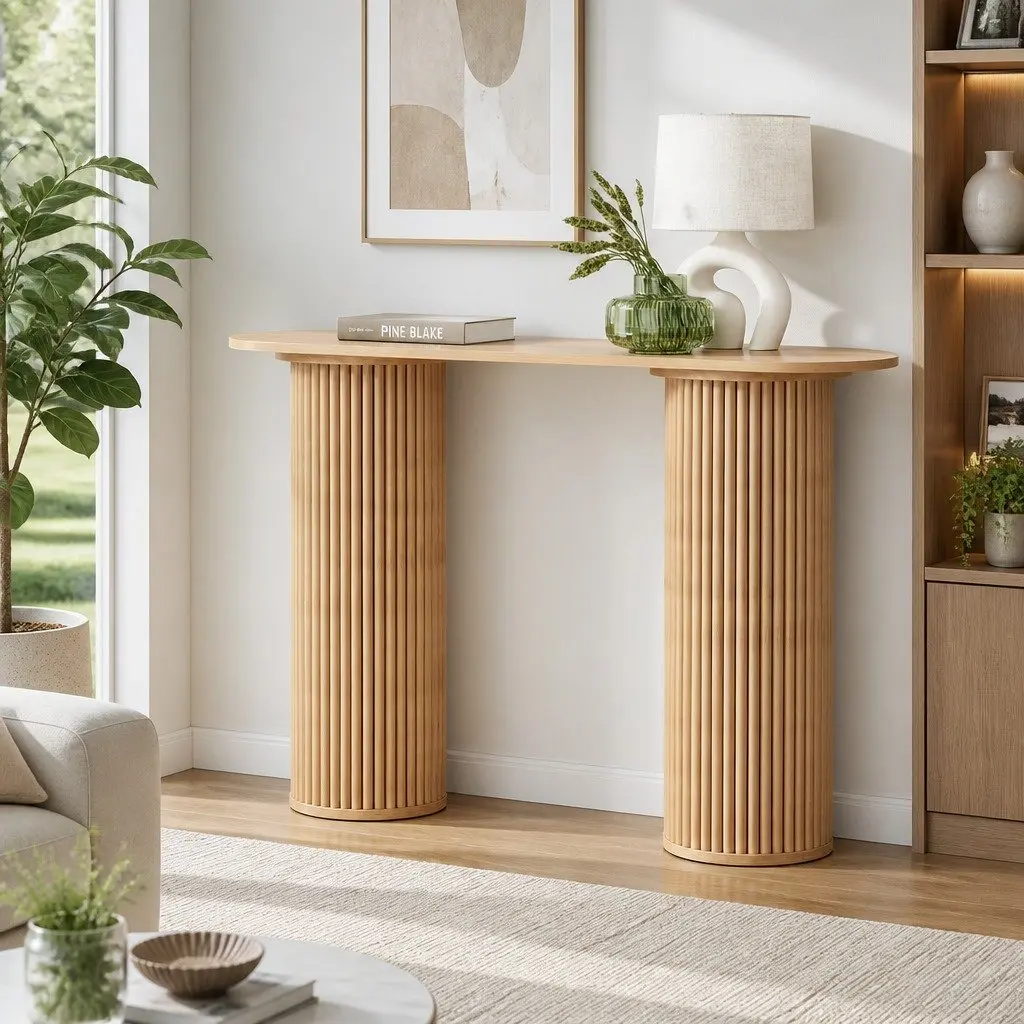 115CM Oval Console Table with MDF Top and Paulownia Base