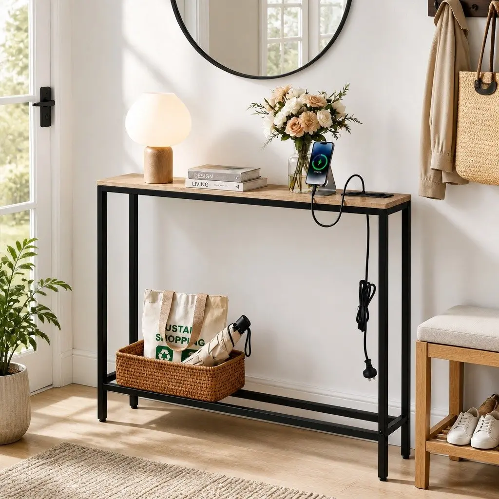 Console Table Entryway Hallway 100cm Wood Top with Charging Station