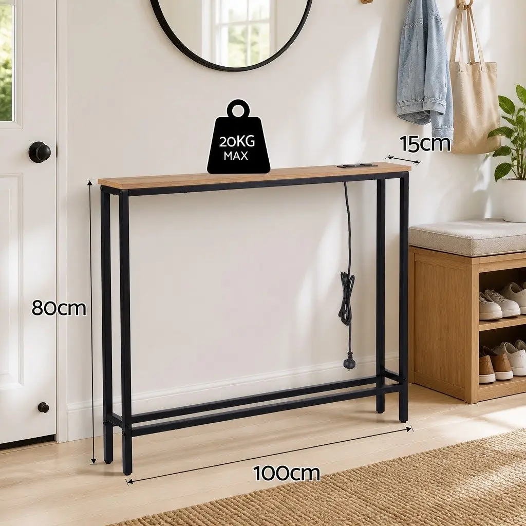 Console Table Entryway Hallway 100cm Wood Top with Charging Station
