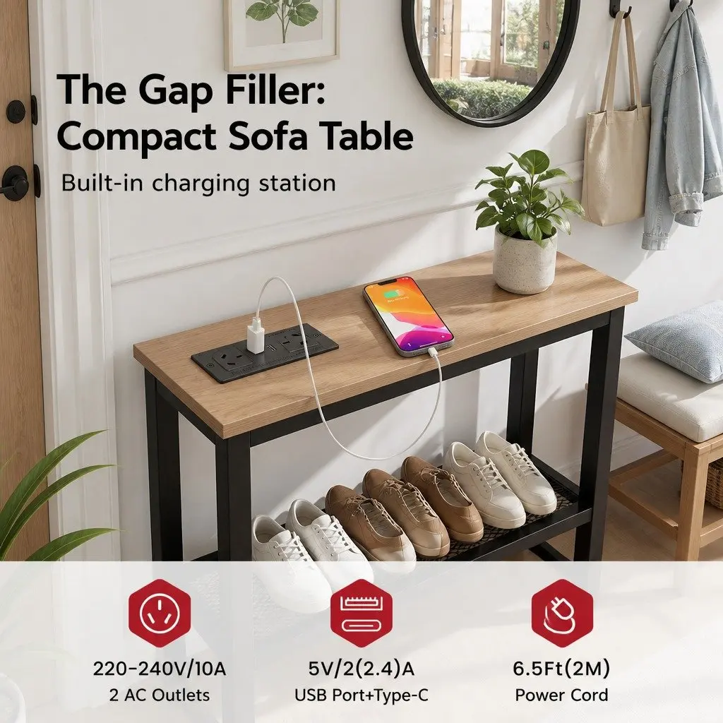 Console Table Entryway Hallway 100cm Wood Top with Charging Station