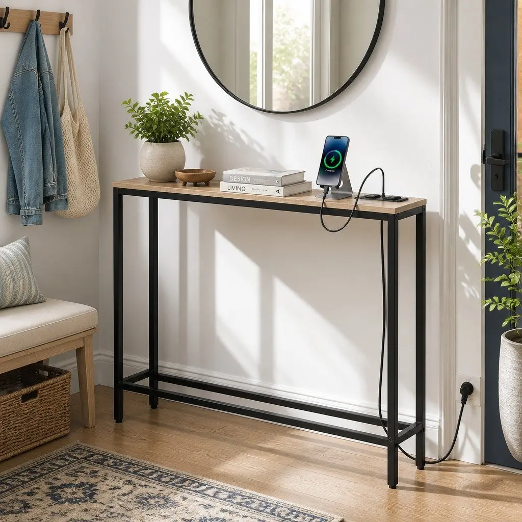 Console Table Entryway Hallway 100cm Wood Top with Charging Station