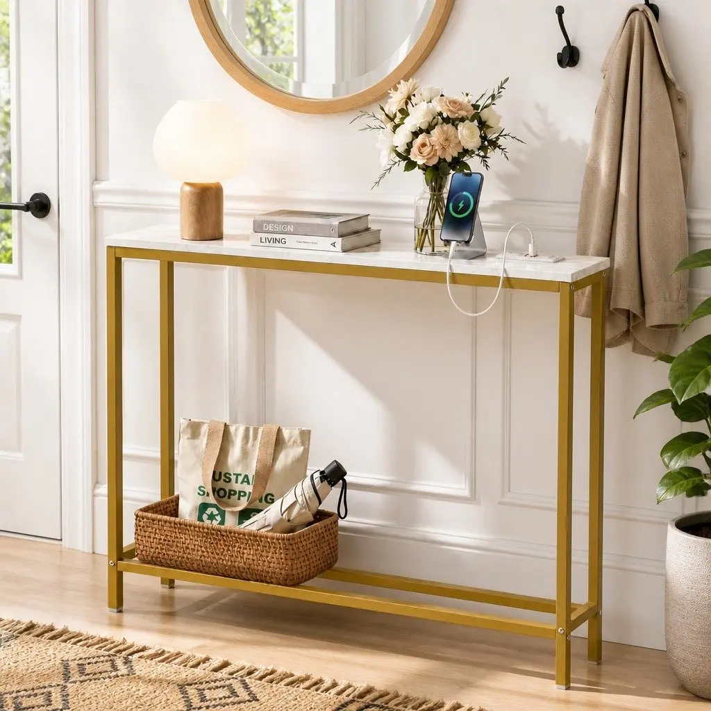 Console Table Narrow Entryway Hallway Display Desk with Built-in Charging