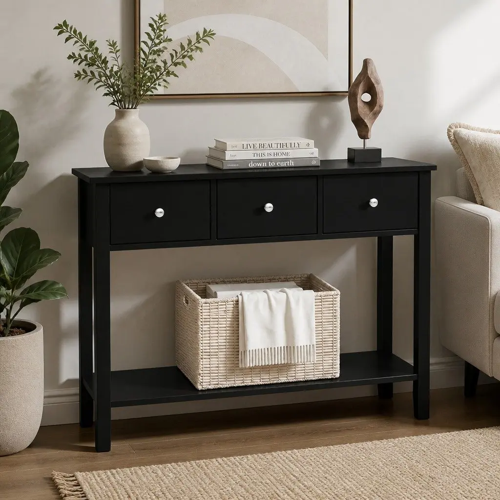Console Table Entryway 100cm Black 3 Drawers Storage Shelf