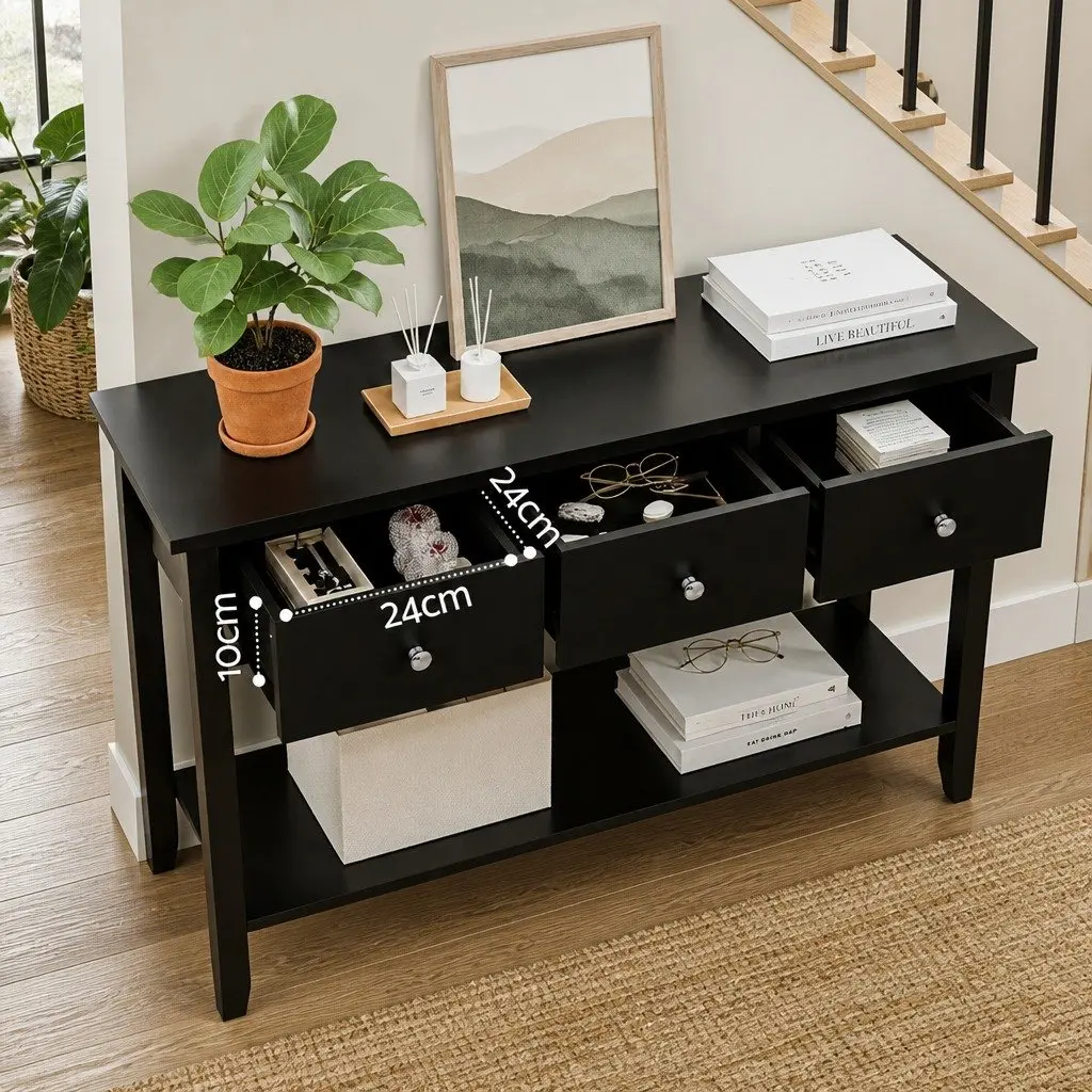 Console Table Entryway 100cm Black 3 Drawers Storage Shelf
