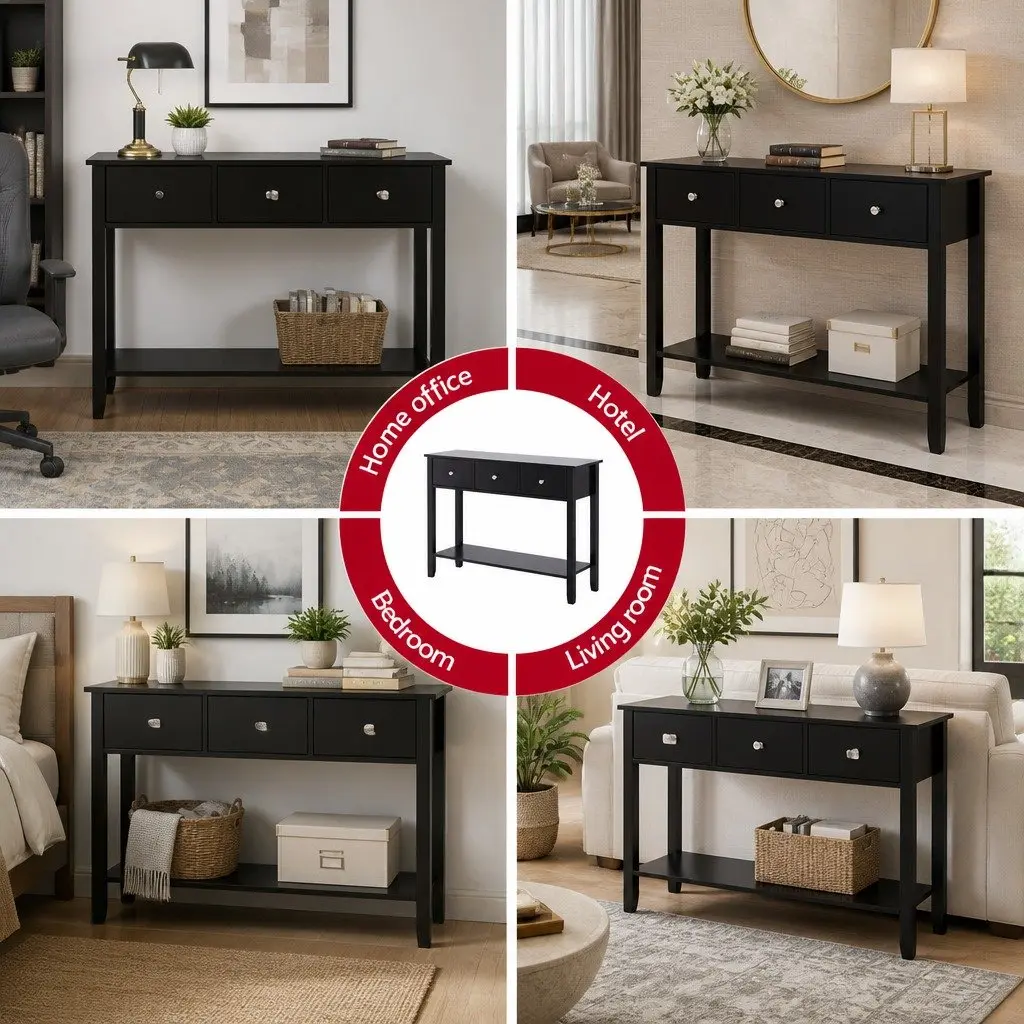 Console Table Entryway 100cm Black 3 Drawers Storage Shelf