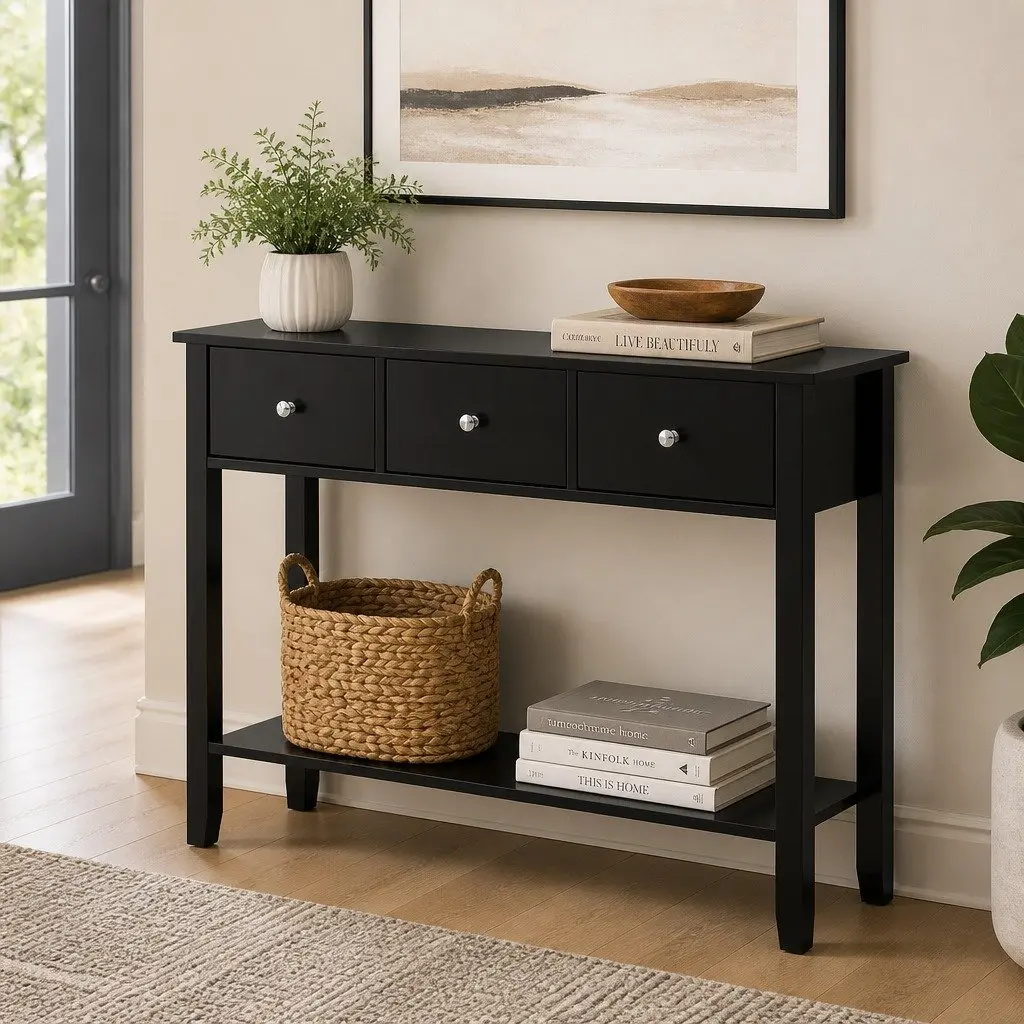 Console Table Entryway 100cm Black 3 Drawers Storage Shelf