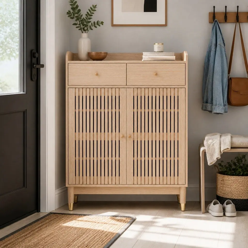Shoe Rack Cabinet Living Room 4-Tier Storage Organiser 16 Pairs Adjustable Shelves Drawers