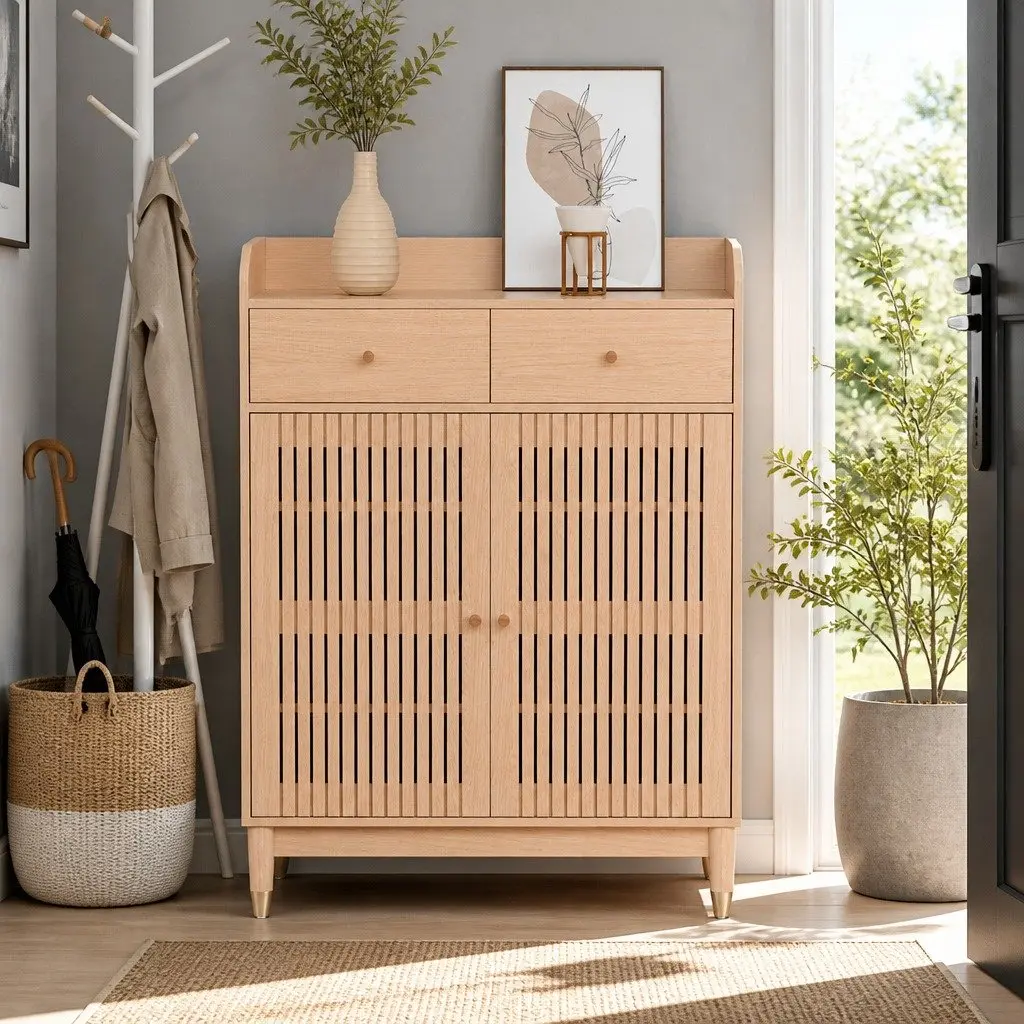 Shoe Rack Cabinet Living Room 4-Tier Storage Organiser 16 Pairs Adjustable Shelves Drawers