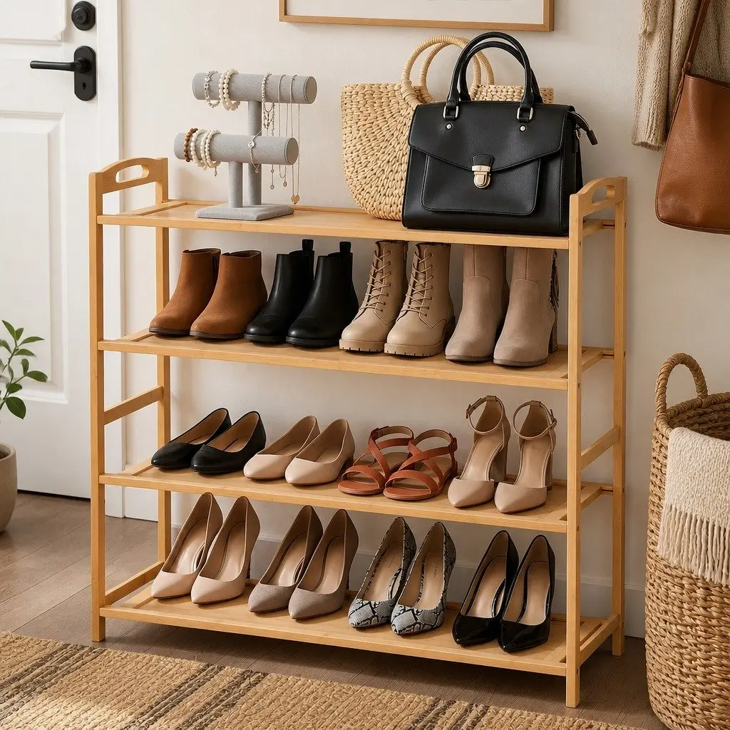 4-Tier Shoe Rack Bamboo Storage Organiser for Hallway Entryway Closet 69cm H x 23cm W x 69cm D