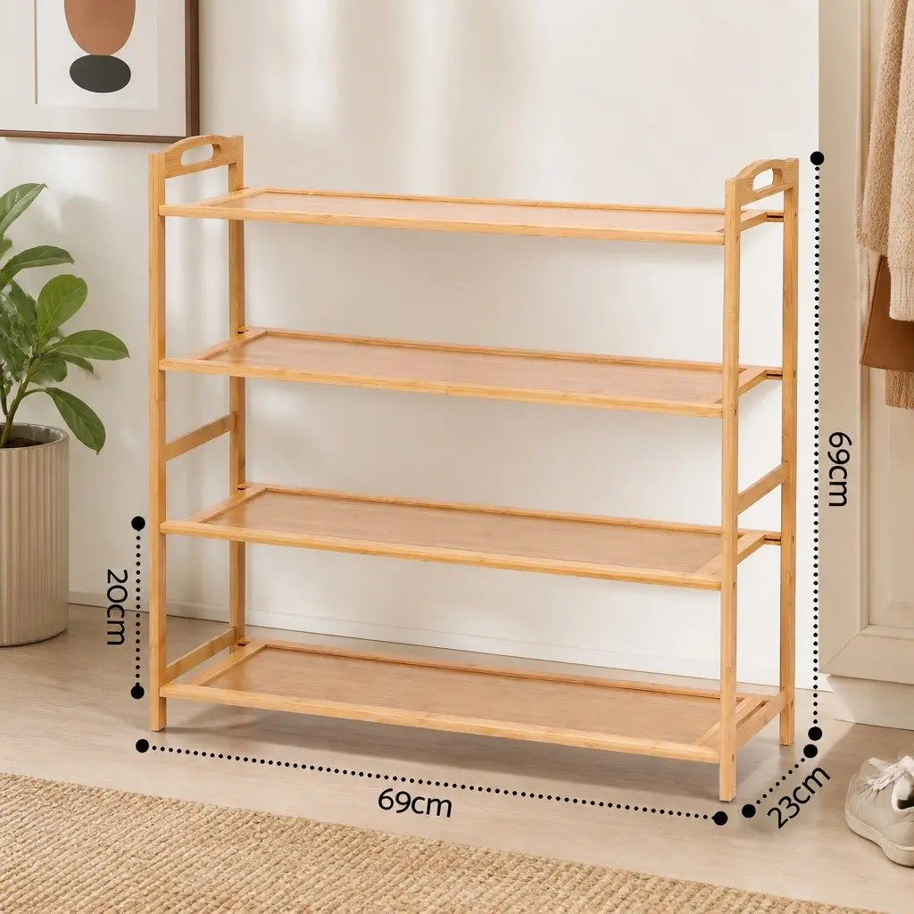 4-Tier Shoe Rack Bamboo Storage Organiser for Hallway Entryway Closet 69cm H x 23cm W x 69cm D