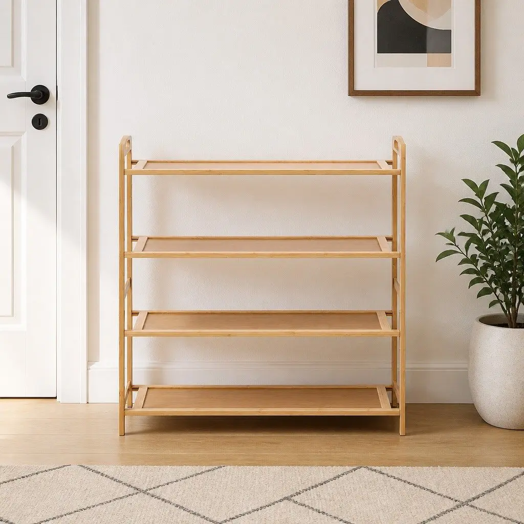 4-Tier Shoe Rack Bamboo Storage Organiser for Hallway Entryway Closet 69cm H x 23cm W x 69cm D