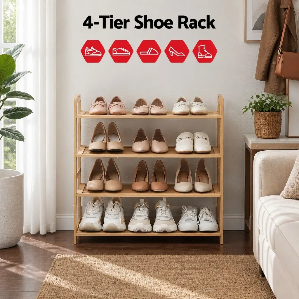 4-Tier Shoe Rack Bamboo Storage Organiser for Hallway Entryway Closet 69cm H x 23cm W x 69cm D