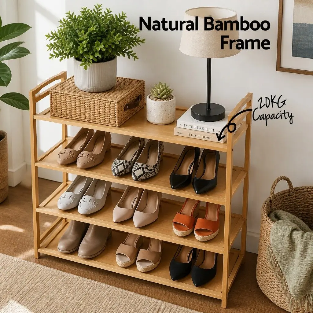 4-Tier Shoe Rack Bamboo Storage Organiser for Hallway Entryway Closet 69cm H x 23cm W x 69cm D