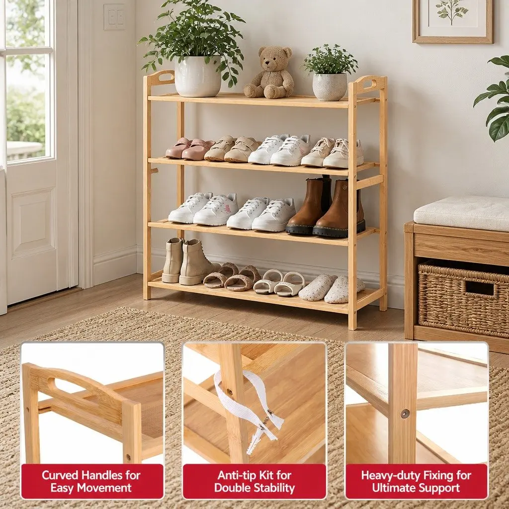 4-Tier Shoe Rack Bamboo Storage Organiser for Hallway Entryway Closet 69cm H x 23cm W x 69cm D