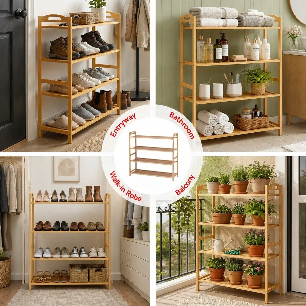 4-Tier Shoe Rack Bamboo Storage Organiser for Hallway Entryway Closet 69cm H x 23cm W x 69cm D