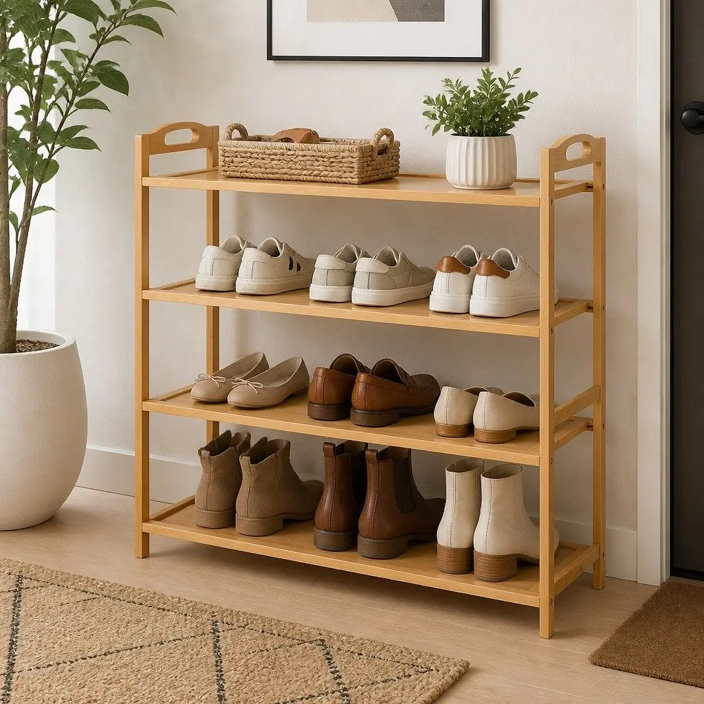4-Tier Shoe Rack Bamboo Storage Organiser for Hallway Entryway Closet 69cm H x 23cm W x 69cm D