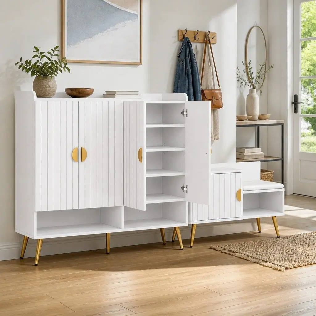 White Shoe Cabinet and Bench Set
