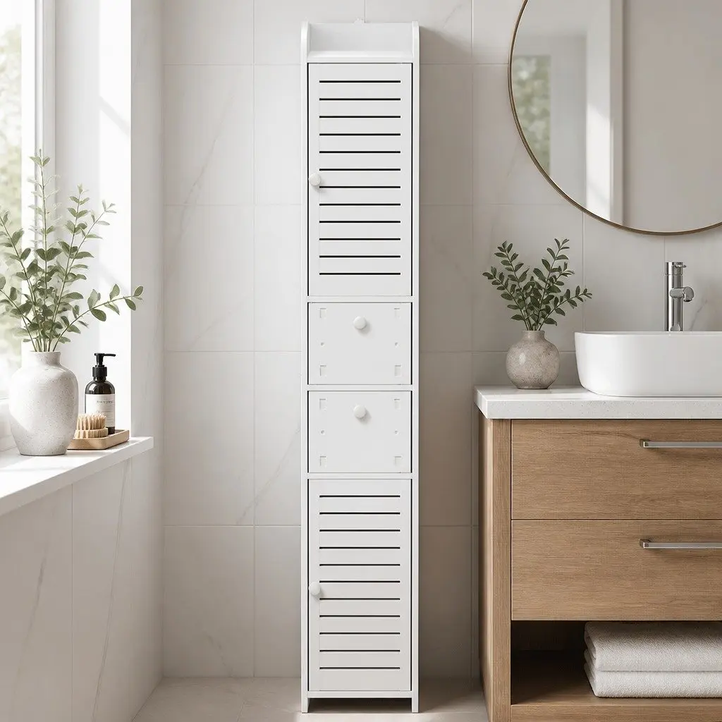 Bathroom Storage Cabinet for Laundry or Toilet 2X White Tallboy Cupboard with Drawers