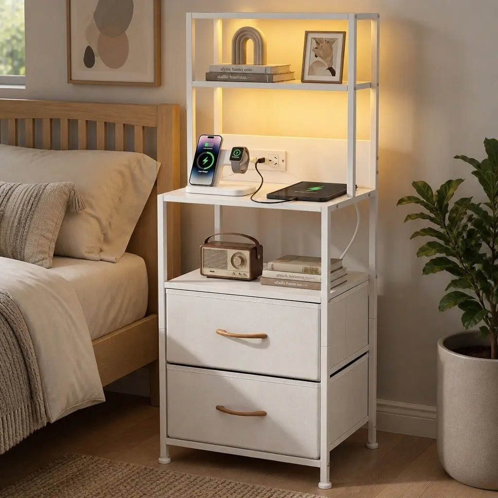 Bedside Table with LED and Charging Station