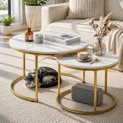 Nesting Coffee Table Set of 2 Round White Gold Modern Living Room Centre Side