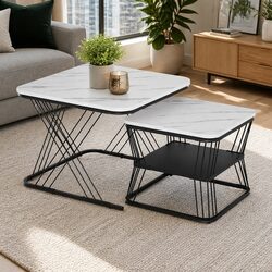 Detailed Specs: Nesting Coffee Table Set of 2 in Marble